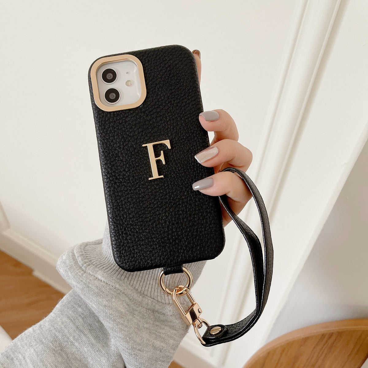 iPhone 14/13 Litchi Texture PU Phone Case with Strap