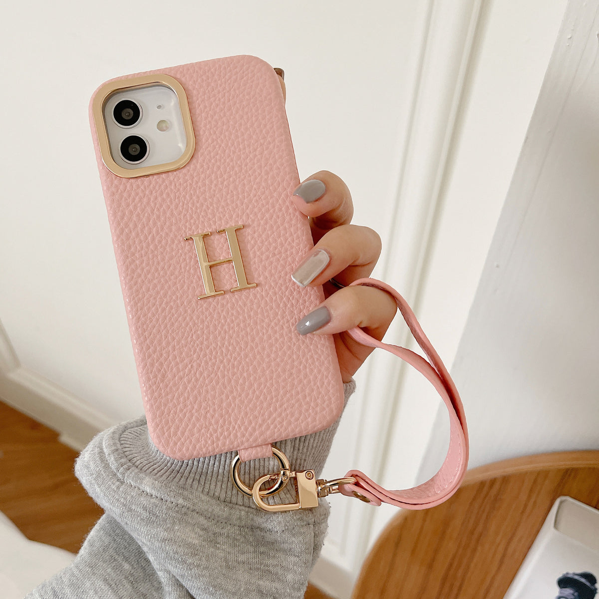 iPhone 14/13 Litchi Texture PU Phone Case with Strap