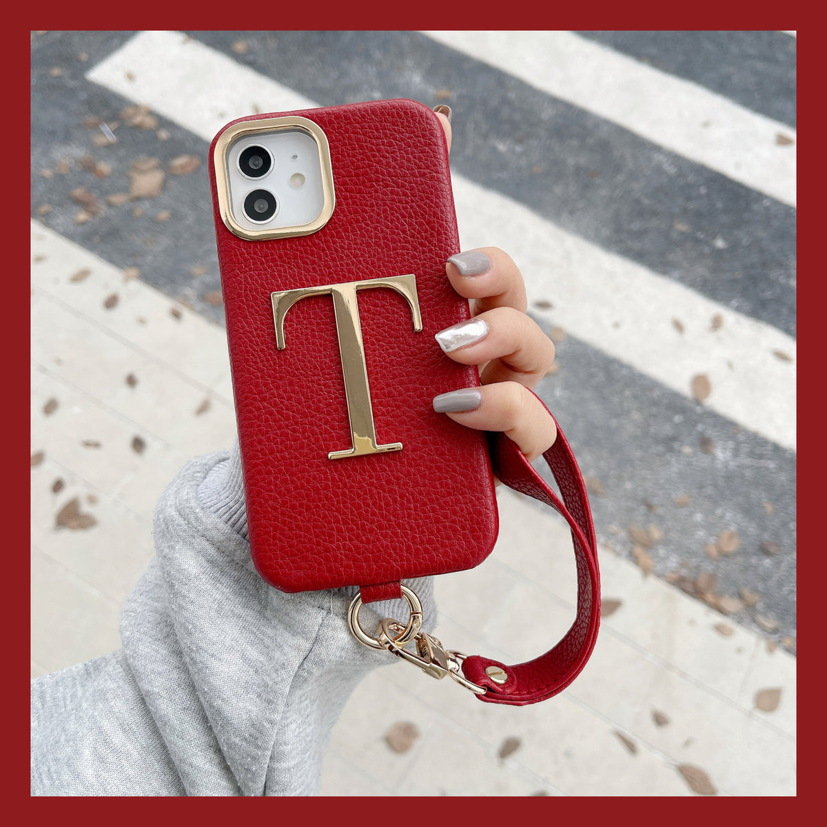 iPhone 14/13 PU Case with Metal Letter and Strap