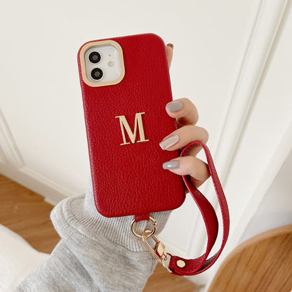 iPhone 14/13 Litchi Texture PU Phone Case with Strap