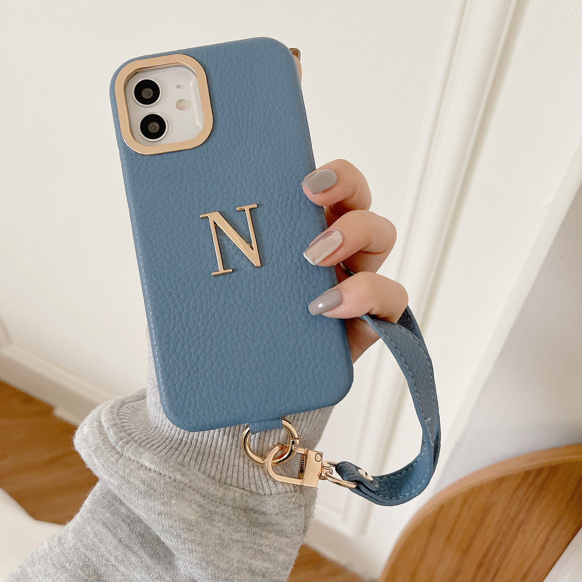iPhone 14/13 Litchi Texture PU Phone Case with Strap