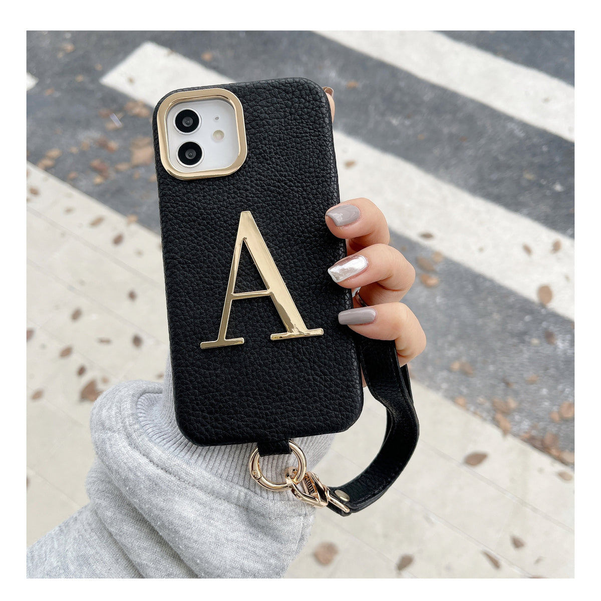 iPhone 14/13 PU Case with Metal Letter and Strap